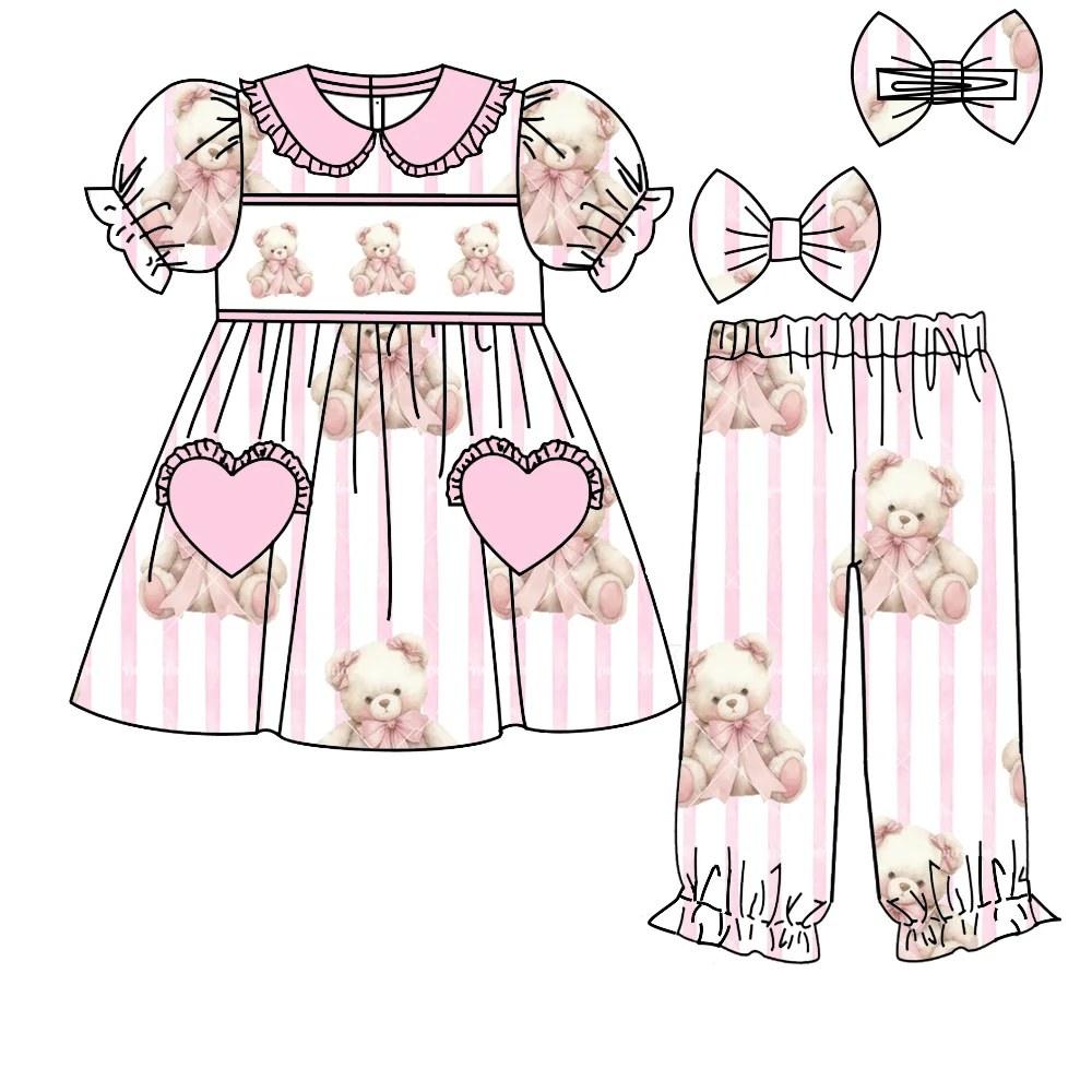 New Boutique Children Set Short-Sleeved Elastic Bow Vertical Pattern Print Pants Elastic Girl Pajamas Set Baby Robe Blanket