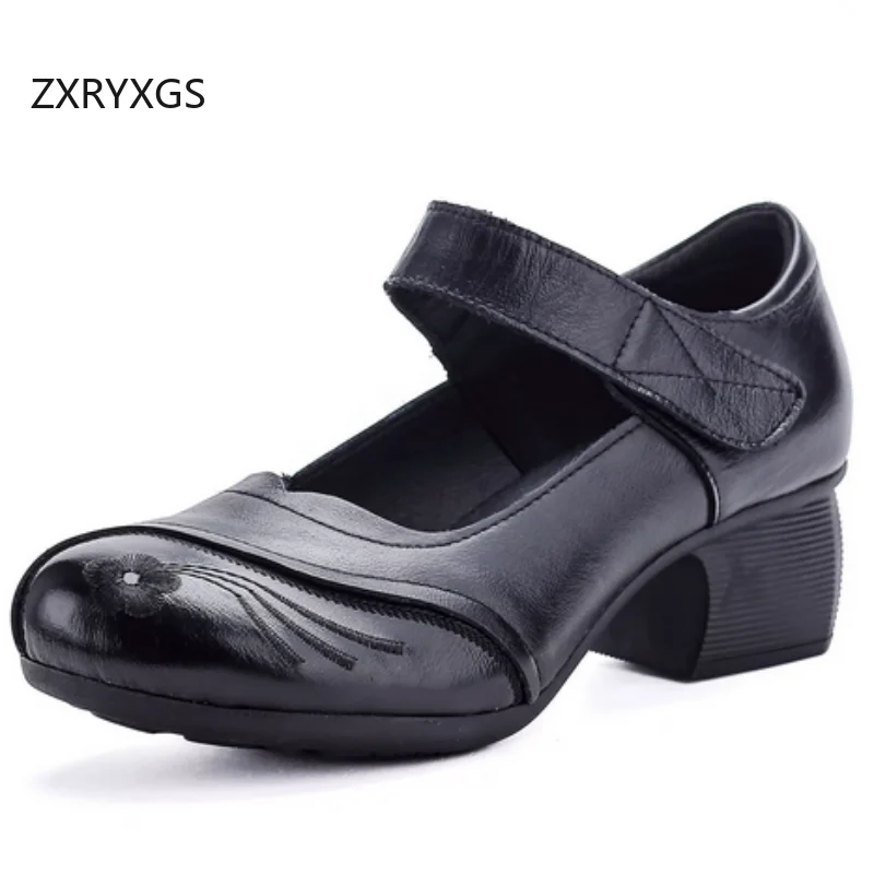 ZXRYXGS Promotion Genuine Leather Embroidered Mother's Fashionable Shoes New 2026 Elegant Comfortable Non-slip Thick Mid Heels