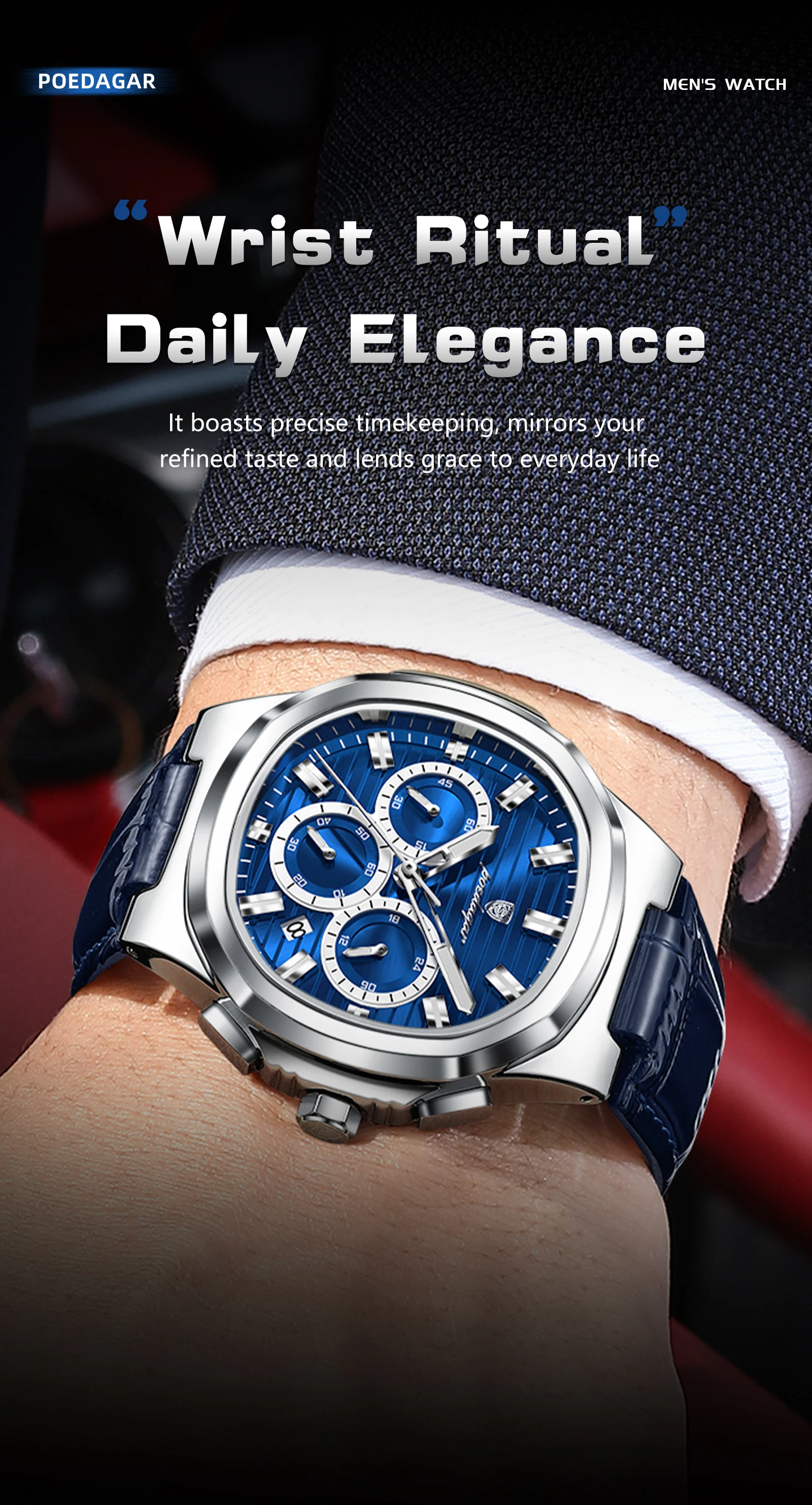 POEDAGAR Business-Herrenuhr Leder Wasserdicht Leuchtend Sport Herrenuhr Datum Chronograph Quarz Mode Herrenuhren Reloj – Detail 5
