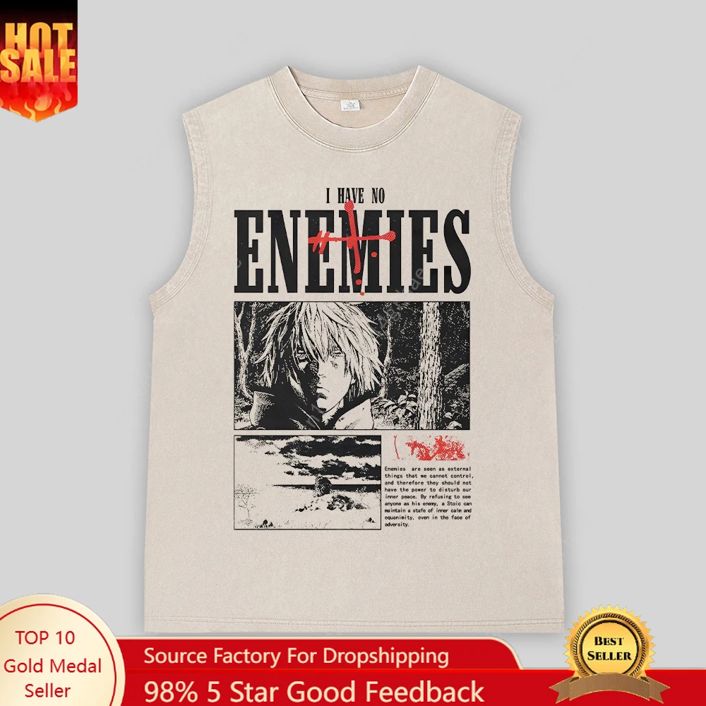 

Anime Vinland Saga Printed Acid Vest Men Casual Vintage Tops Crewneck Cotton Oversize Tees Fashion Clothes Unsex Multicolor
