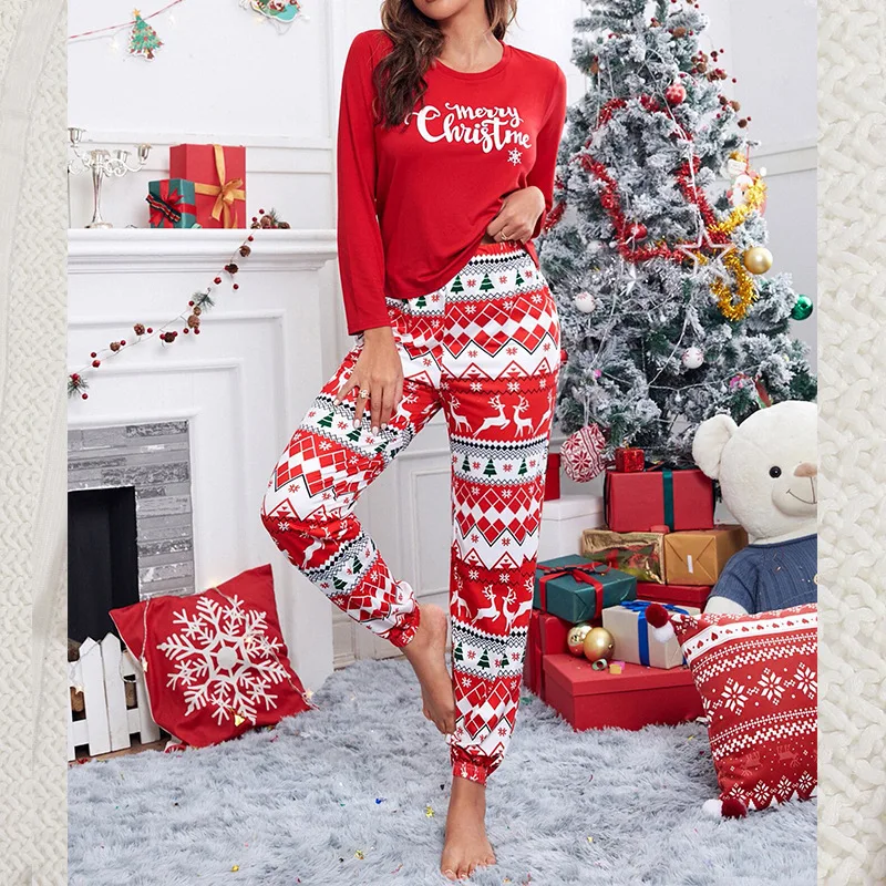 Pijamas Christmas Gift Sleepwear Spring Autumn Female 2PCS Pajamas Set Red Print Elk Long Sleeve Trouser Suits Loose Home Wear