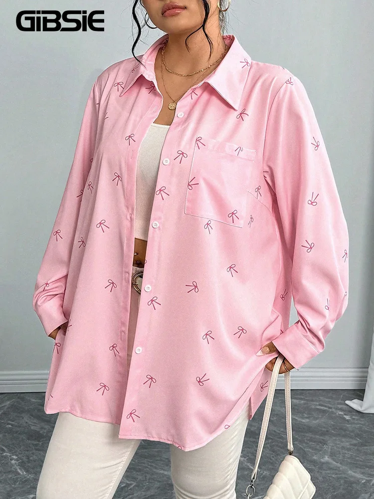 

GIBSIE Plus Size Bow Print Casual Button Down Shirt Women 2025 Autumn Pockets Long Sleeve Loose Blouses Tops Female Streetwear