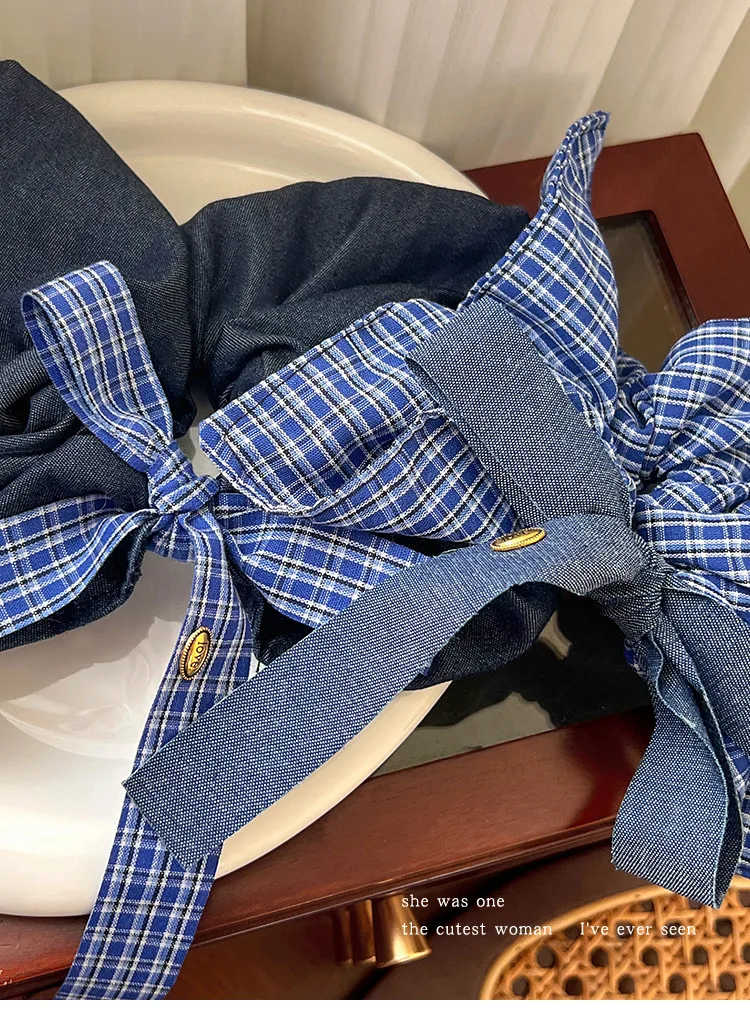 Bow Denim Blue Plaid Square Towel Large Intestine Hair Band Femininity Square Hair Accessories Headrope Rubber Band