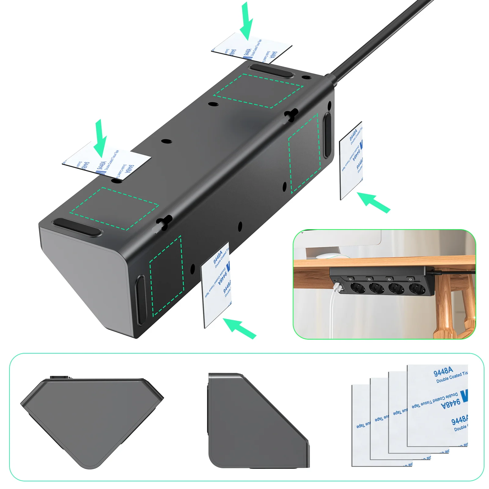 European desktop multi-contact power strip, 2 USB-A and 2 Type-C corner power sockets, 2M extension cord, home office kitchen