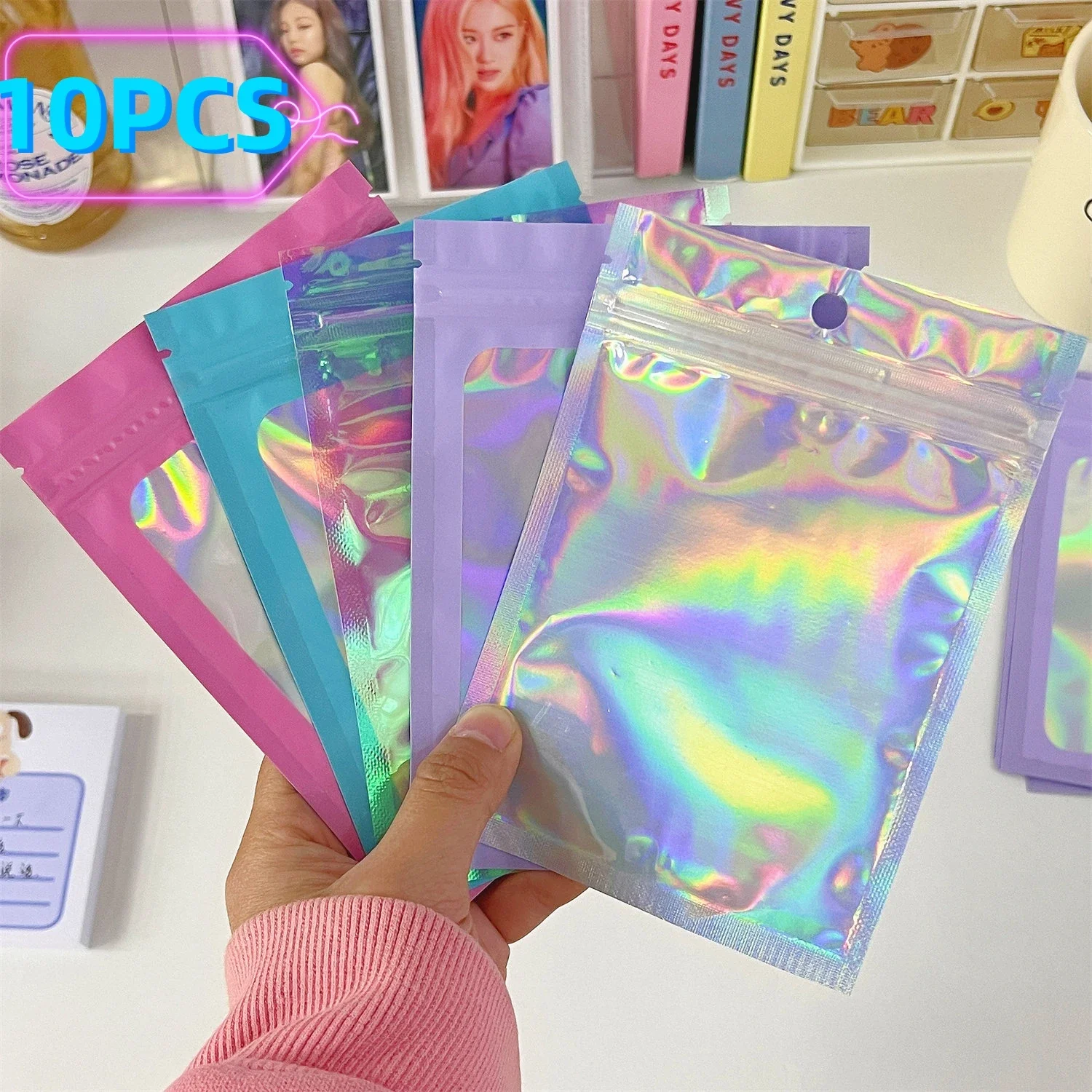 

5/10pcs Packaging Pouch Bag Aluminum Foil Polyester Film Translucent Holographic Rainbow Film Sealed Bag Laser Zip Lock Bag