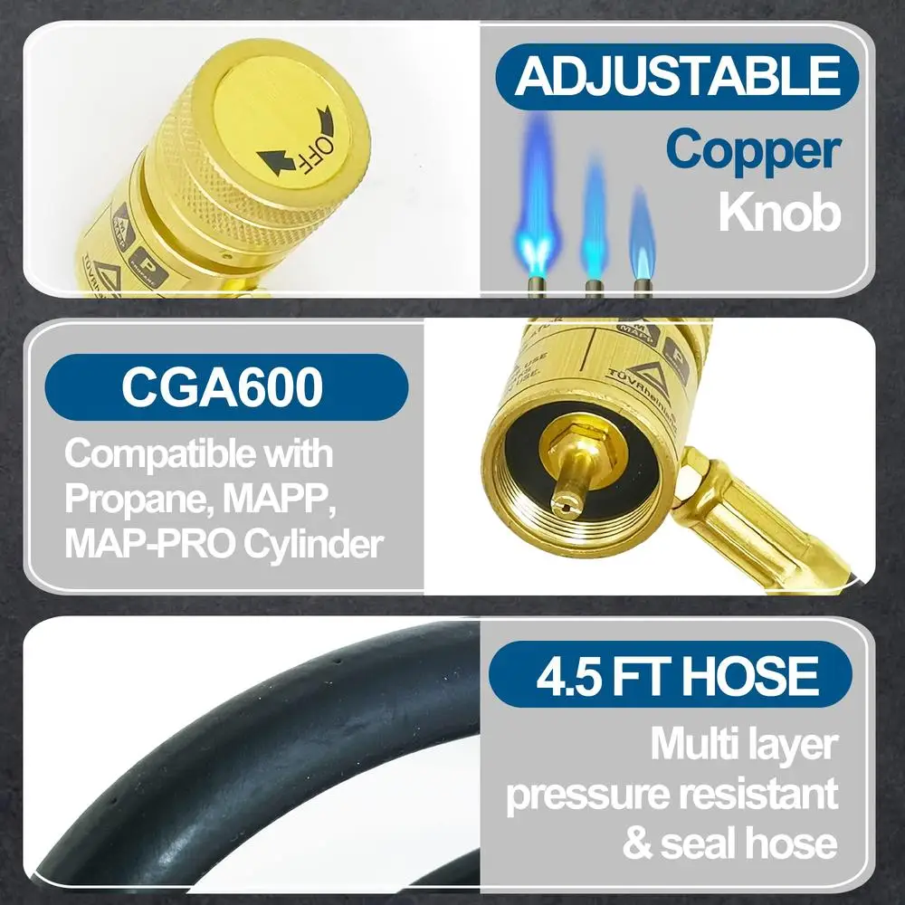 프로판 토치 키트 4.7Ft 호스 MAP 가스 터보 자체 점화기 조정 가능한 불꽃 밸브 황동 팁 납땜 브레이징 배관 용접