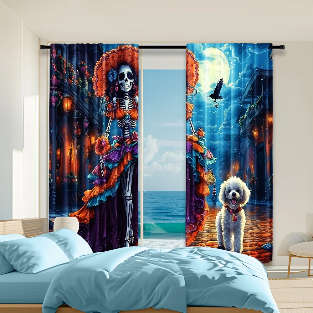 2 pcs, versatile polyester transparent curtains for home decoration Day of the Dead for use in bedrooms and living rooms