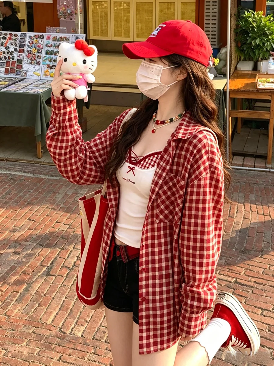 Korean Streetwear Red Gingham Oversized Shirt Women Lapel Long Sleeve Blouse Vintage Casual Layered Outerwear Summer Sunscreen
