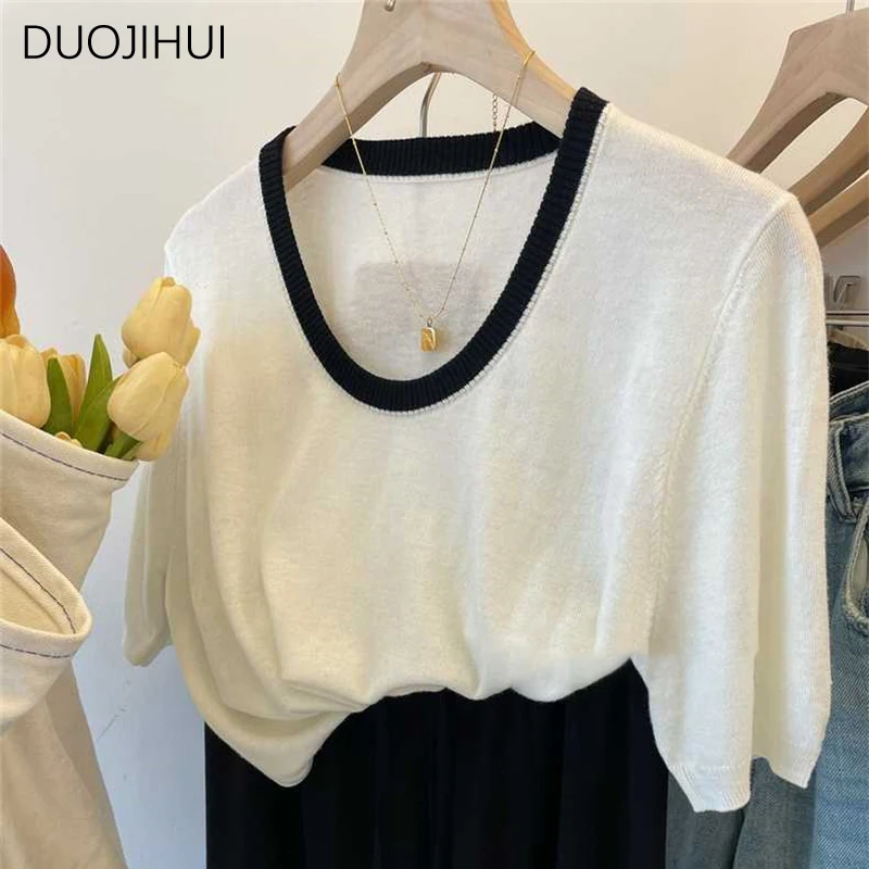 

DUOJIHUI White Classic O-neck Loose Casual Female T-shirts Summer Spell Color Fashion Knitting Basic Short Sleeve Women T-shirts