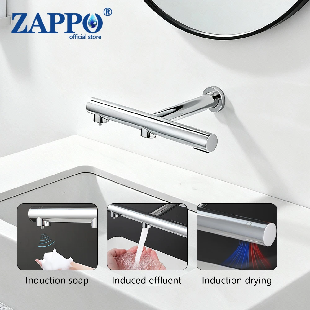 ZAPPO 3-in-1 Bathroom Faucet Automatic Sensor Soap Dispense Water Tap Sink Faucet Wall Mounted Drying Machine Brushed Gold/Black