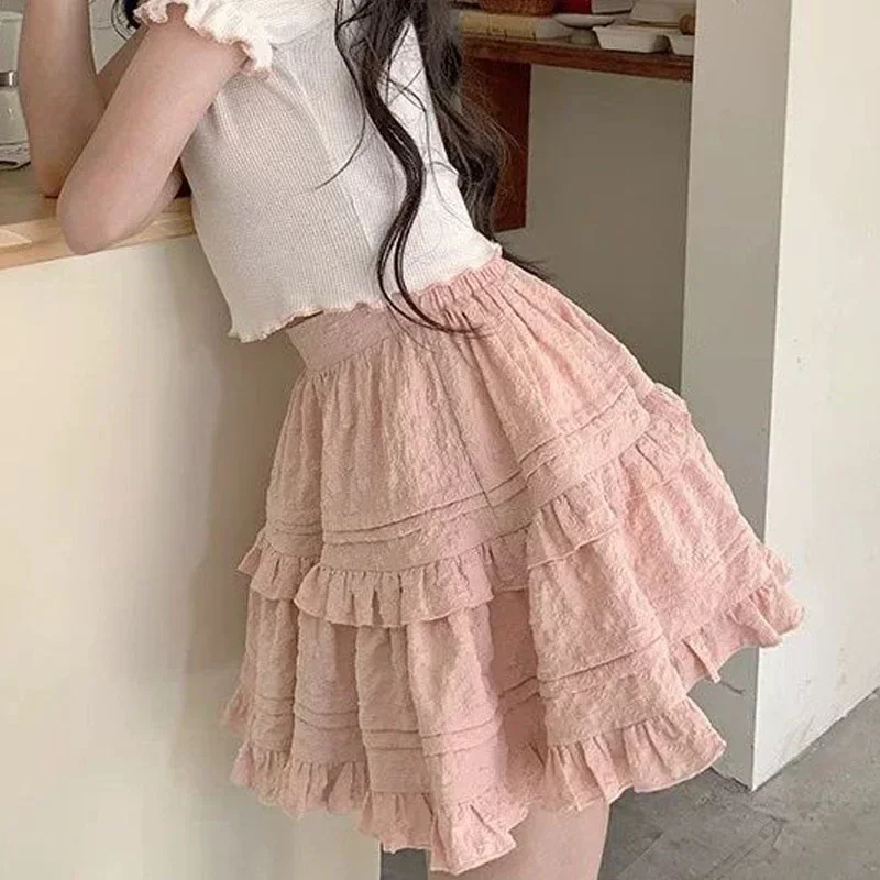 Japanese Sweet Mini Skirt Summer Women Pink High Waist Ruffle Cake Short Skirt Female Harajuku Y2k Aesthetic Pleated Fairy Skirt