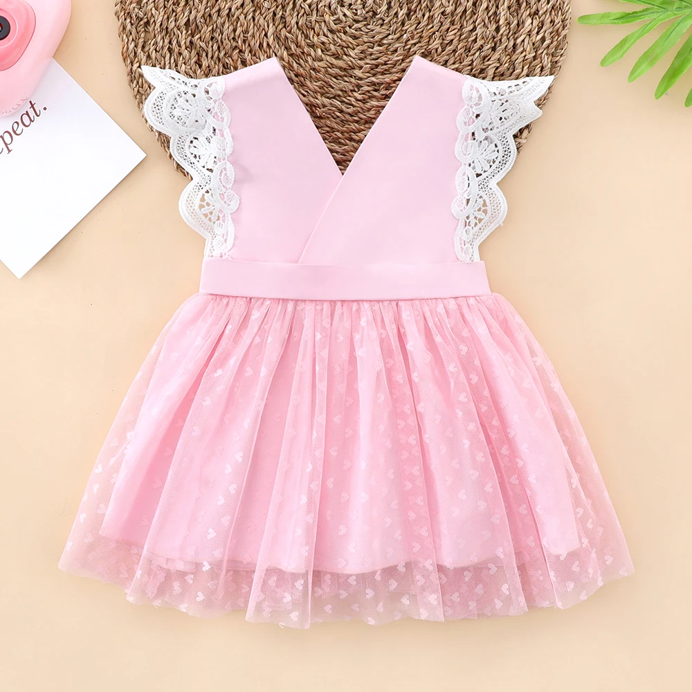 

Pink Lace Trim Infants Dress Sweet Style Fashion Baby Girls V Neck Sleeveless Tutu Dress Summer Clothes