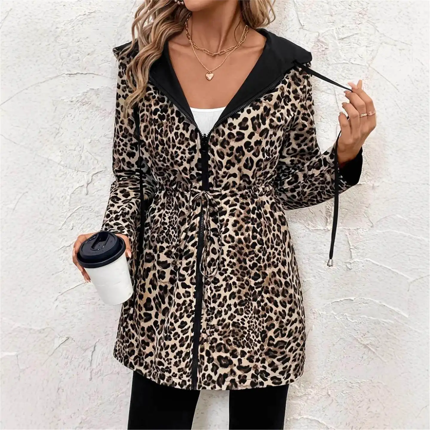 Sudadera larga informal con estampado de leopardo Jaet y cremallera con capucha de doble cara para mujer con cinturón corte holgado europeo Sle