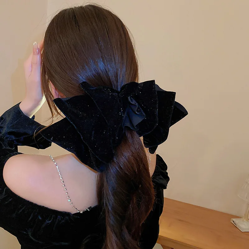 Fashion Large Velvet Bow Hair Clips For Women Girls Elegant solid color Ponytail clip Prom Party Hair Accessory Winter Decorate