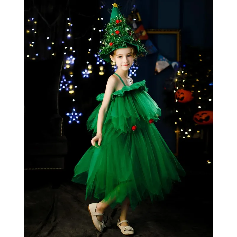 Árvore de Natal Cosplay Dress com Luz, Bonito Elfo Verde Performance Trajes para Crianças, Dance Party Show, Vestidos Fancy Girls
