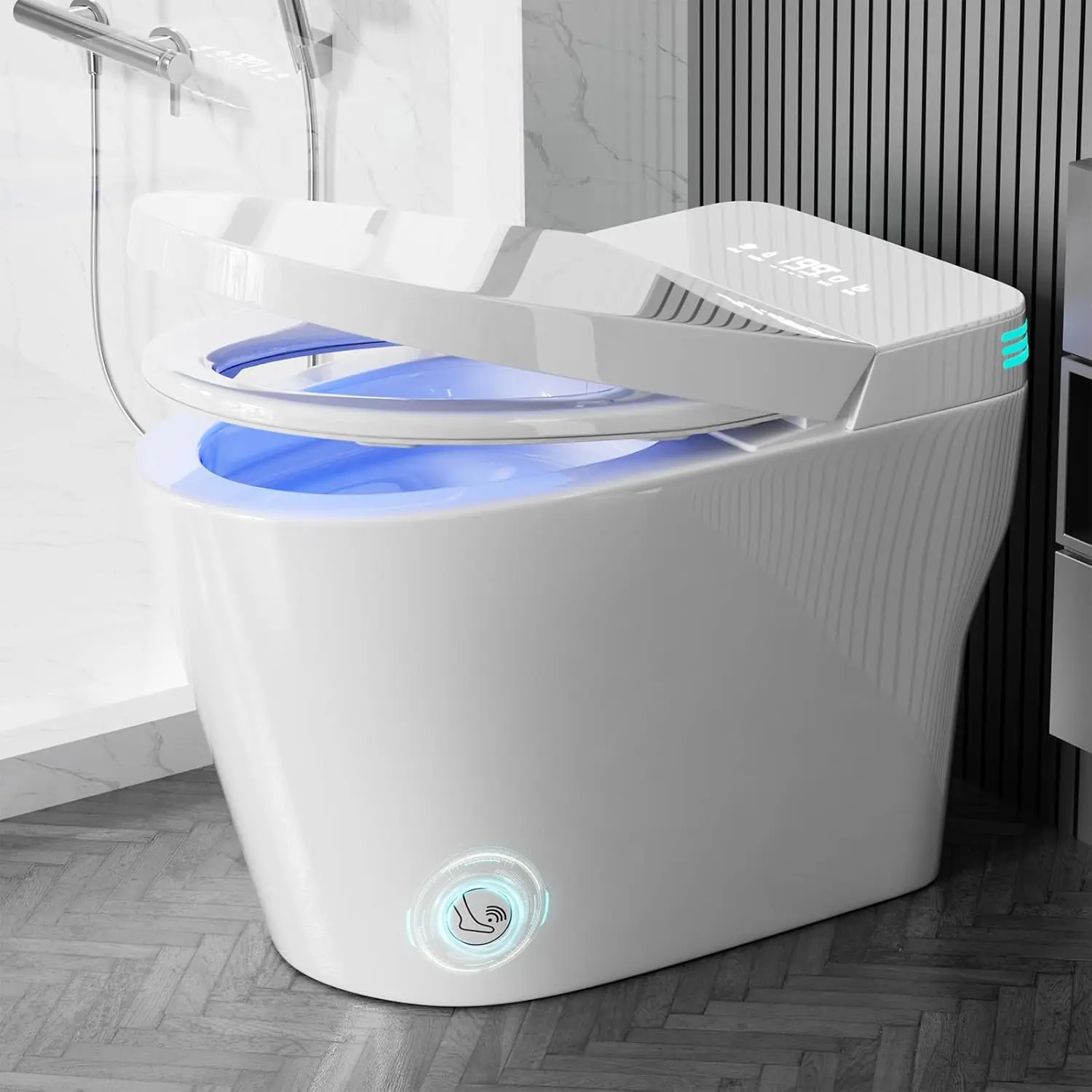 

Умный унитаз со встроенным биде, моноблочный унитаз-биде с автоматическим двойным смывом 1.28 GPF, сенсором для ног, современный, настраиваемый