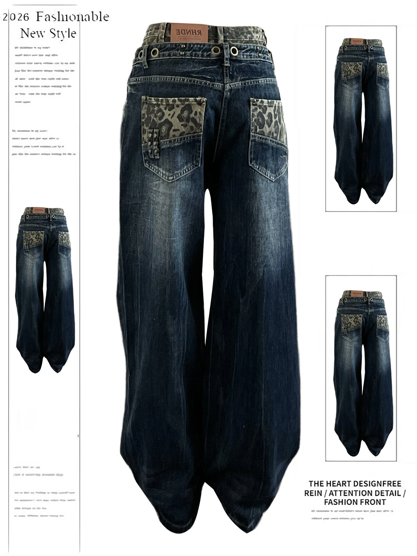 

American Retro Leopard Print High Waist Wide Leg Jeans Women's Loose Straight Casual Trousers Spring New Sle Faionable