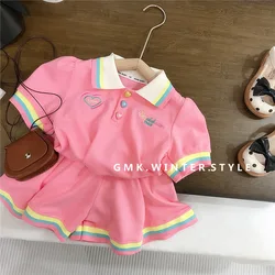 Summer Toddler Girl 2PCS Clothes Set Love Button Embroidery Letter Polo Shirt Loose Striped Contrast Hem Shorts Baby Girl Outfit