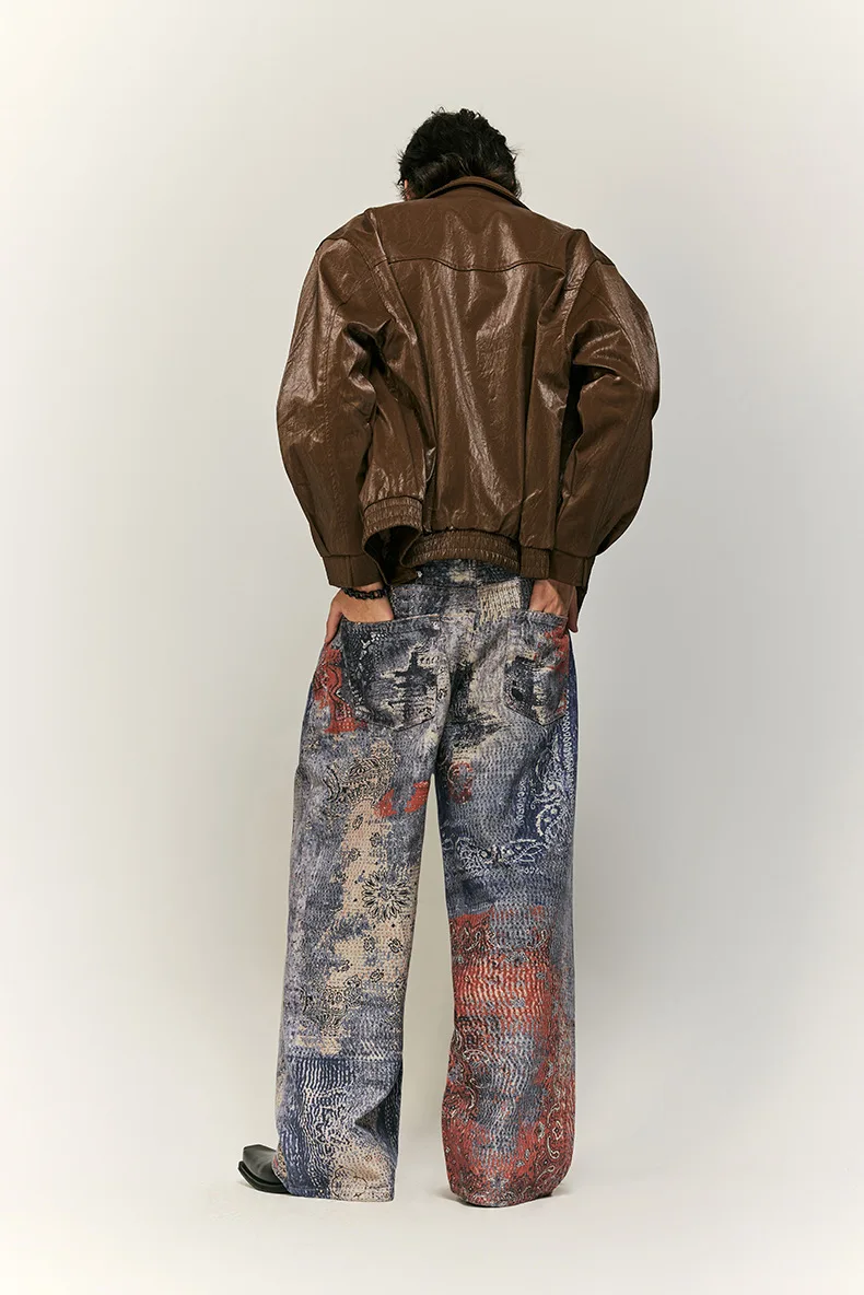 High Street Cashew Flower Digital Printed Denim Cargo Jeans Baggy Vintage Y2k Jeans