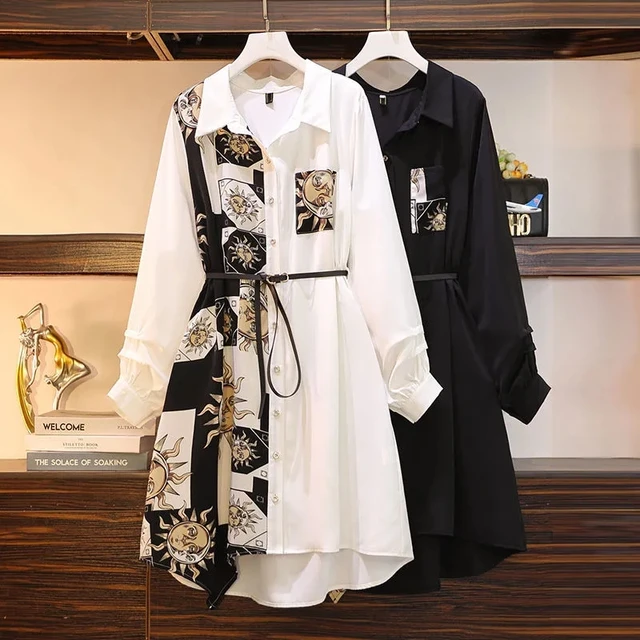 Vintage Print A-Line With Belt Loose Polo Neck Sukienka damska Eleganckie jednorzędowe sukienki do kolan dla kobiet 2024 Wiosna