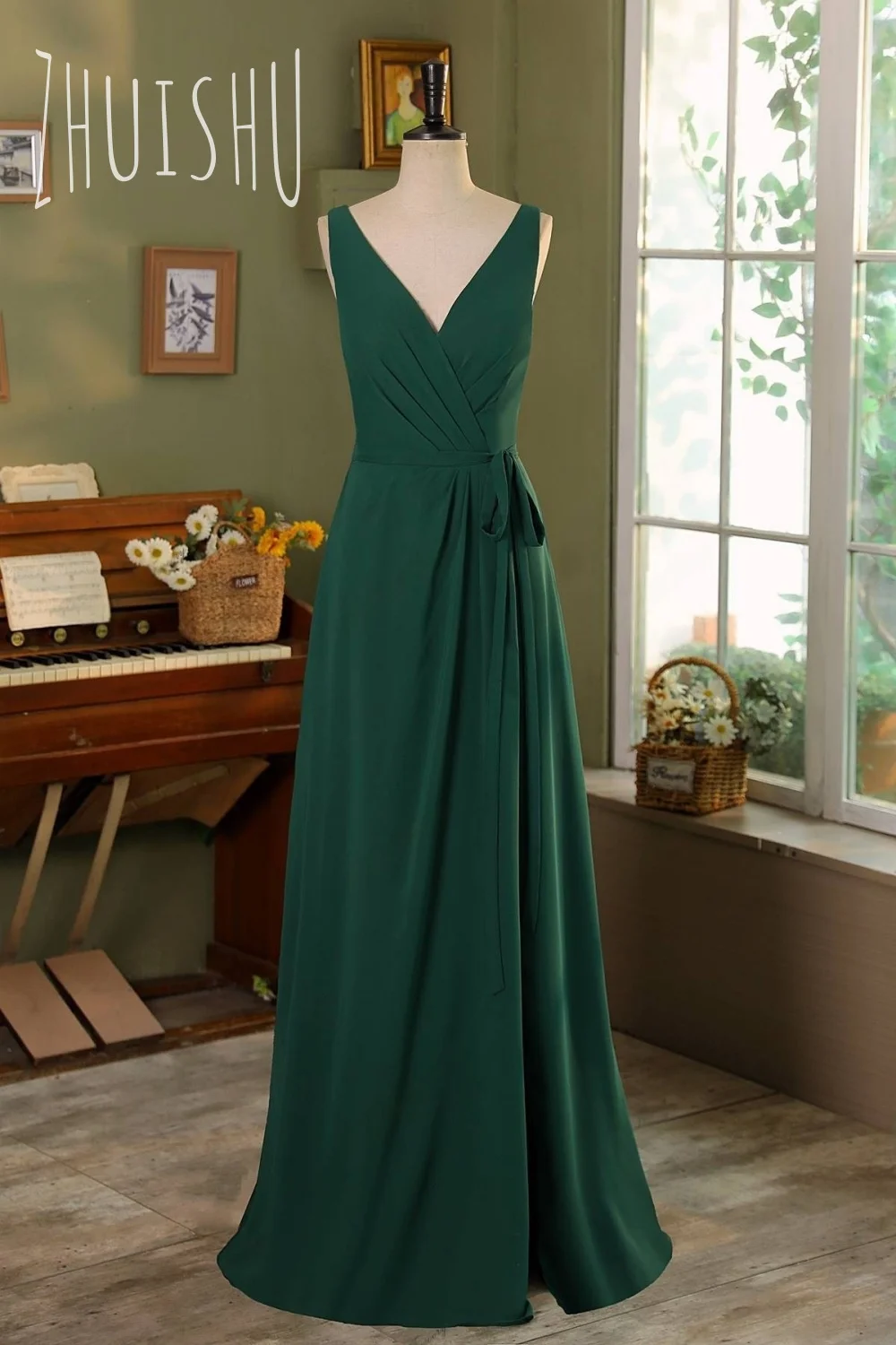 ZHUISHU Sexy V-Neck Bridesmaid Dress Sleeveless Backless Evening Gown Chiffon Zipper Side Slit Guest Party Dress Customized