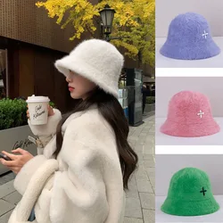 2022 winter women's fashion Solid color rabbit fur hat bucket cap fisherman's hat with cross basin Bucket Hat for free shipping