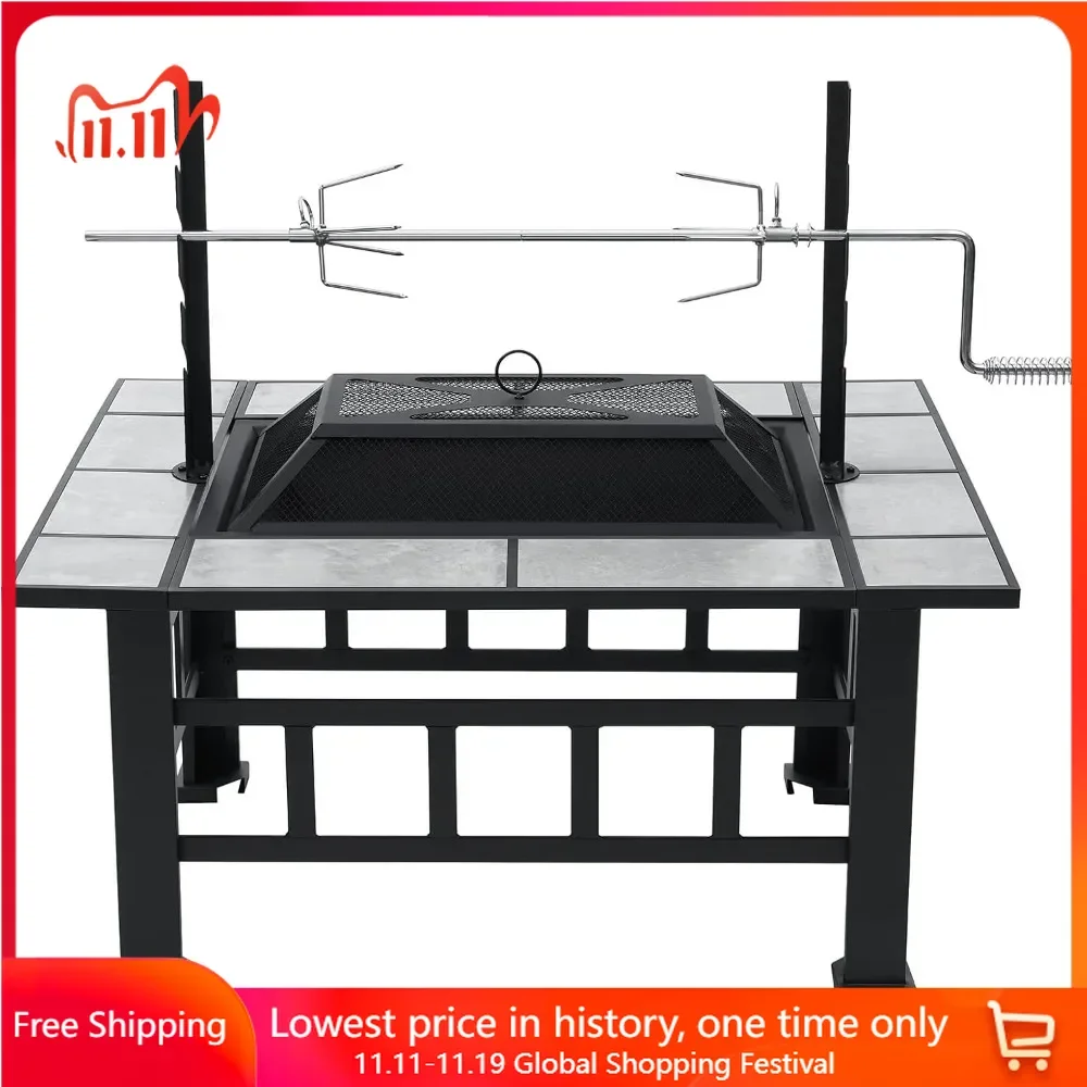 

37 Inch Fire Pit Table with Grill, Spark Screen, Log Grate Poker, Square Heavy Duty Steel Fire Pit Table