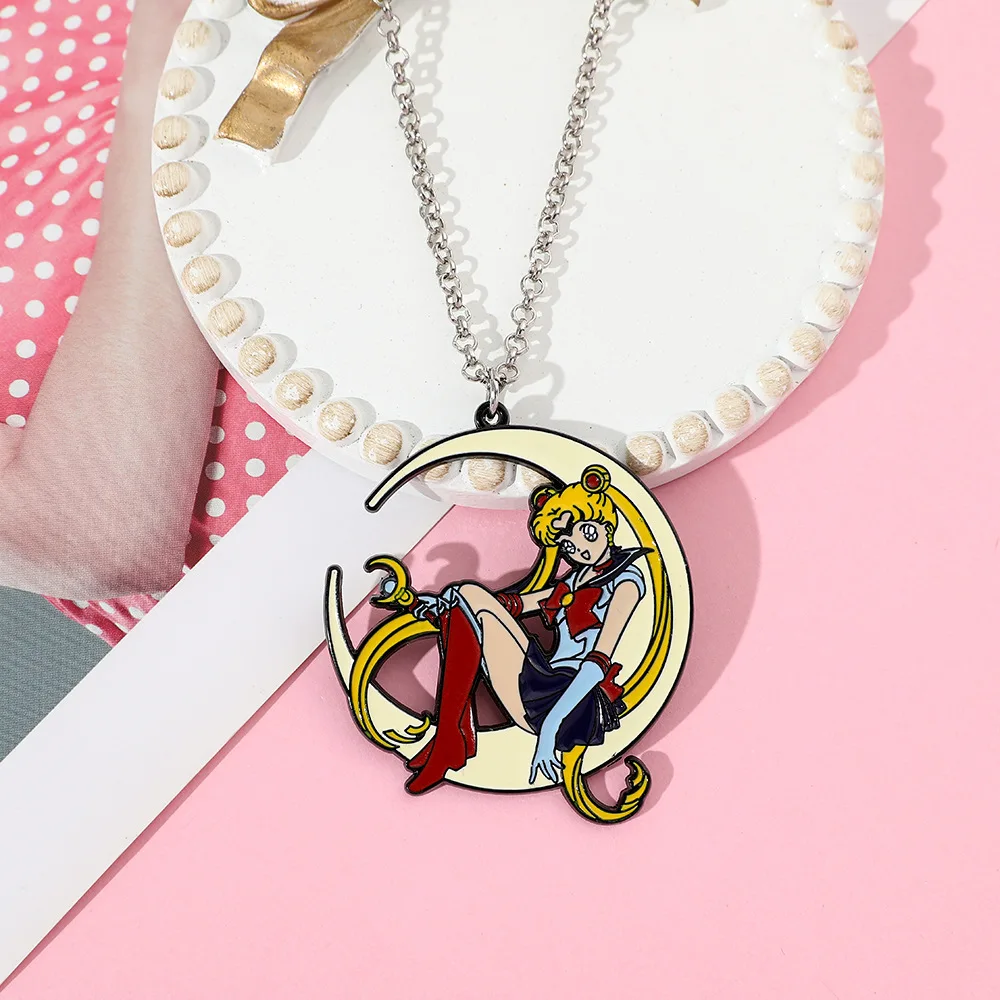 Sweet Anime Metal Enamel Necklace Moon Charm Cartoon Badge Pendant Cosplay Jewelry Accessory for Girls ﻿