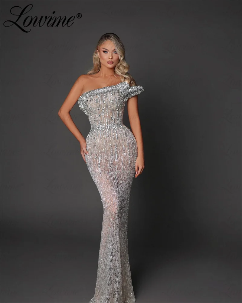 Couture 2024 Silver Prom Dress Heavy Beads Strapless Mermaid Party Gowns For Wedding Aso Ebi Birthday Engagement Evening Dresses