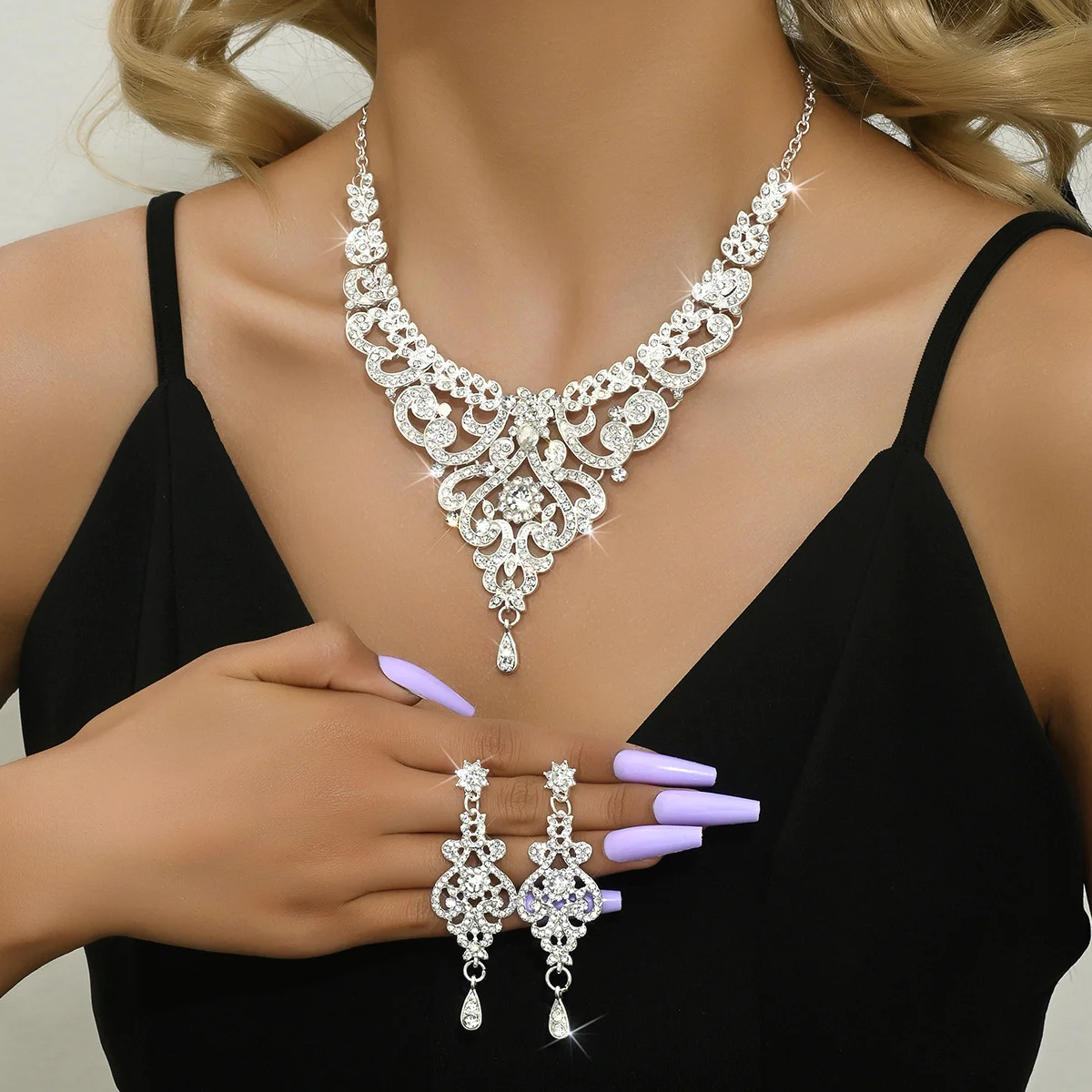 

Glamorous Cubic Zirconia Filigree Statement Set, Silver Tone Necklace Dangle Earrings for Evening Party