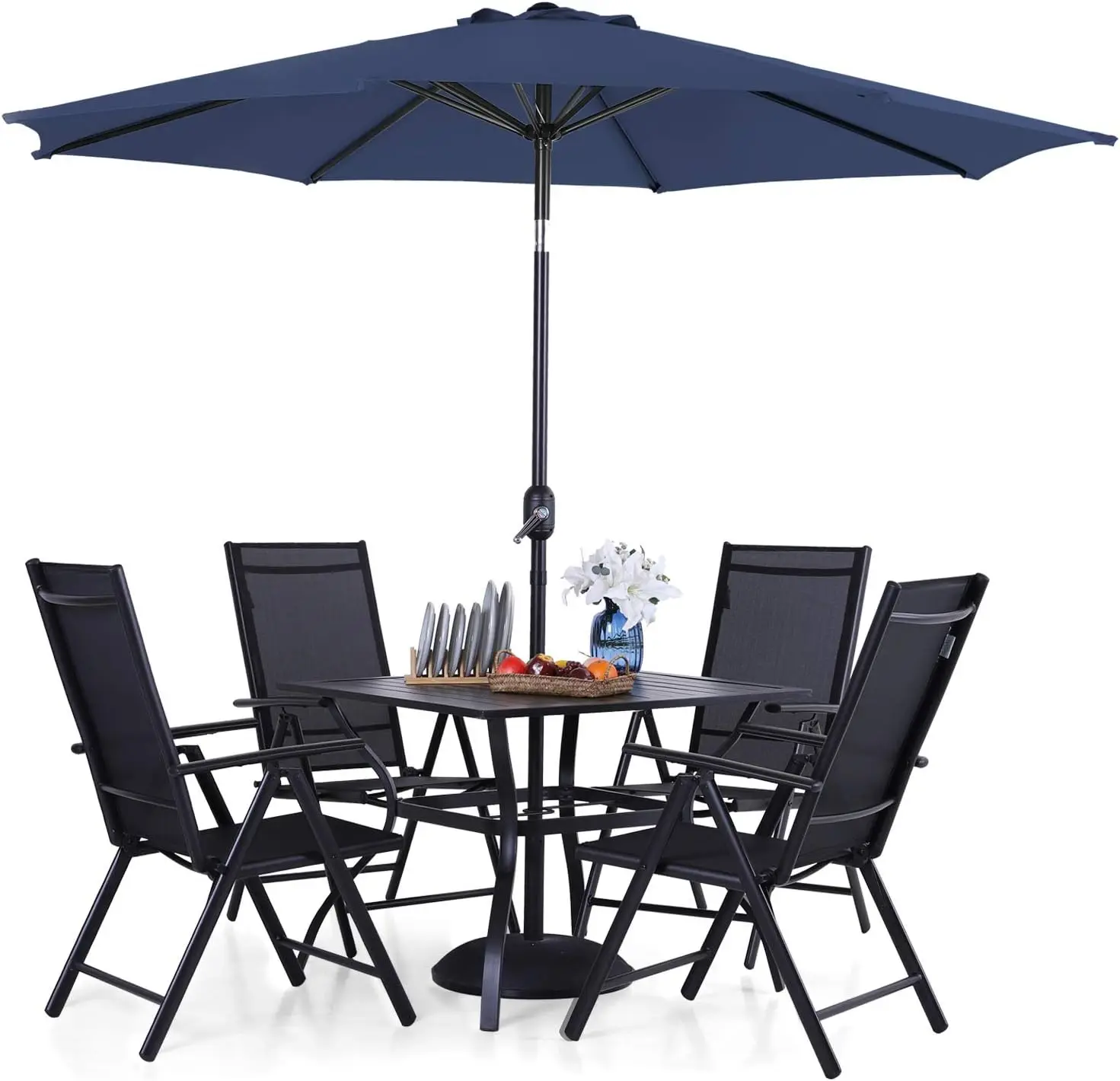 Phi Villa 5 Piece Patio Dining Set With 9 Ft Patio Umbrella, Outdoor Dining Table And Chairs Set With Adjustable Patio Folding