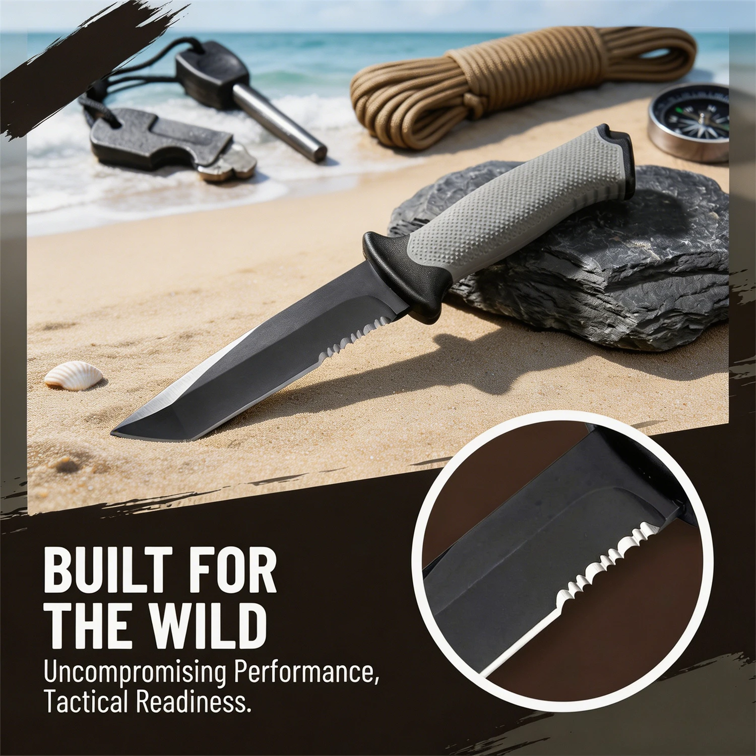 Daily Carry BG-9 Utility Fixed Blade Knife 8Cr13Mov Serrated Blade Gray Rubber Grip Protective Sheath for Outdoor Activities