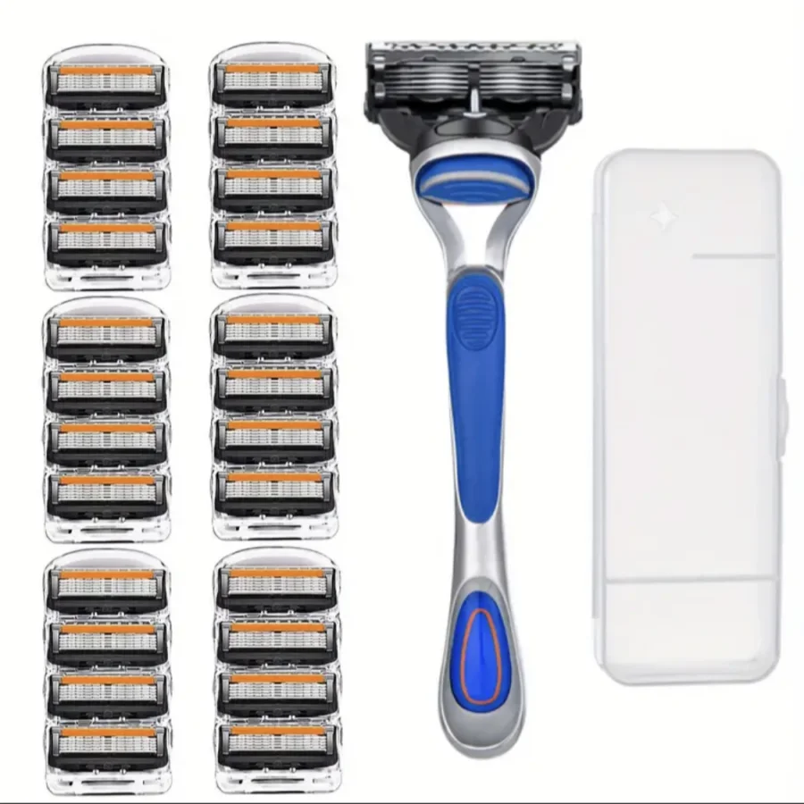 

Men safety manual shaver with 5-layer stainless steel blades for hair removal, featuring replaceable razor heads