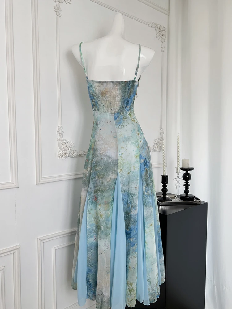 Französisch Krawatte gefärbte Blumen kleid für Frauen Sommer Temperament Pendeln Patchwork Hosenträger Kleid 2024 neu