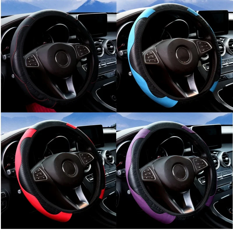 

Car Steering Wheel Cover Breathable Anti Slip 38cm PU Leather Steering Covers Suitable Carbon Fiber Car Accessories Decor
