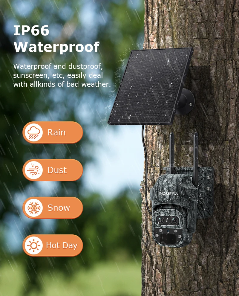 INQMEGA 8MP 4K 12X Zoom Telecamera solare Doppio schermo Esterno 4G/WIFI due lenti Rilevazione PIR Trail Camera Camouflage Foresta Ubox
