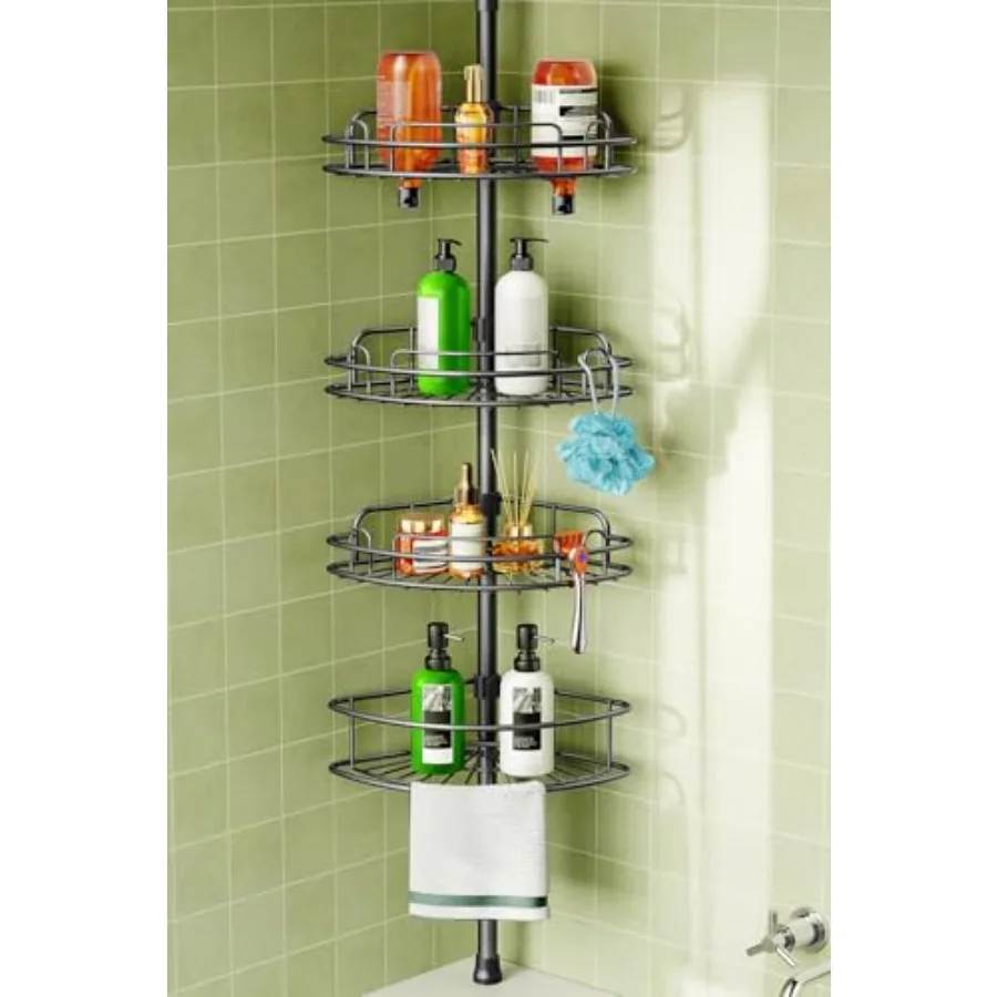 

Corner Shower Caddy Tension Pole: 4-Tier Rust-Resistant Adjustable Bathroom Organizer Shelves - 47-121 Inch No-Drill Quick Inst