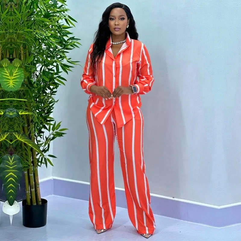 Striped Women Matching Set Lapel Long Sleeve Blouse Wide Leg Pants Ladies Casual Two Piece Outfit for African Fashion Women
