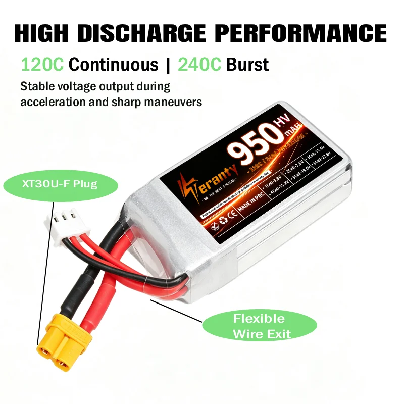 Teranty 2S HV 7.6V 950mAh 120C LiPo Battery XT30U‑F Plug 52g 8.7V HV Lipo for 2‑3 Inch FPV Racing Drone Tiny Whoop RC Aircraft