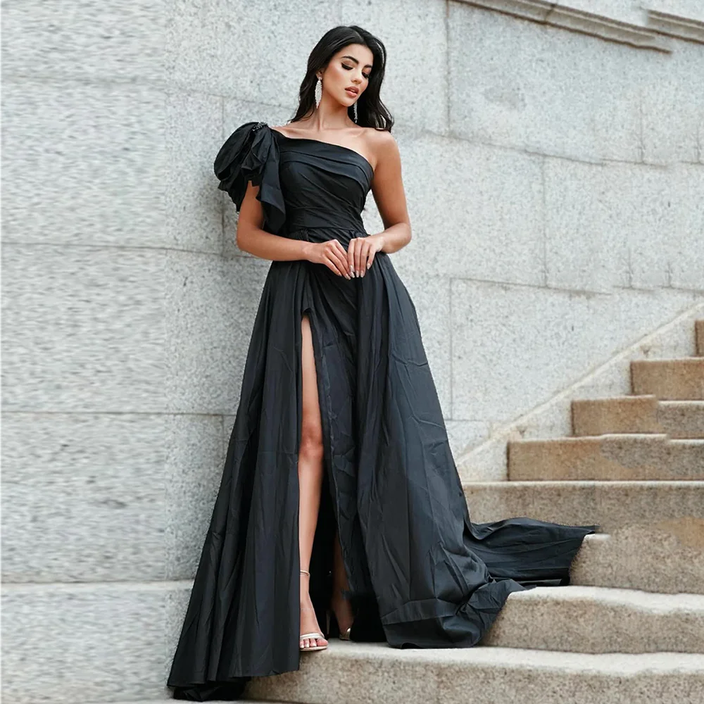 

One Shoulder Satin Solid Pleated Sheath Side Slit Court Evening Prom Dress Backless Ruffles Prom Holiday Gown vestidos de festa