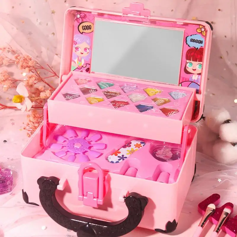 Ensemble de maquillage pour enfants, véritable ensemble cosmétique, jeu de simulation pour filles, jouets de maquillage pour enfants, ensemble de vanité de beauté avec étui à cosmétiques