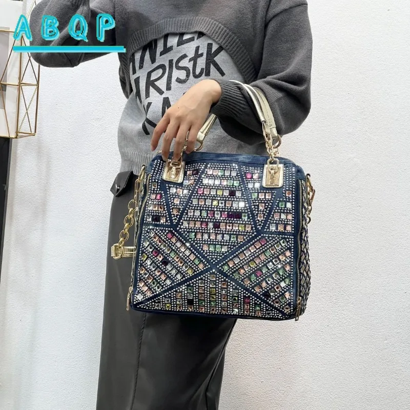 

Модные женские сумки, европейско-американская джинсовая сумка-тоут, инкрустированная бриллиантами, тканые рюкзаки через плечо большой вместимости