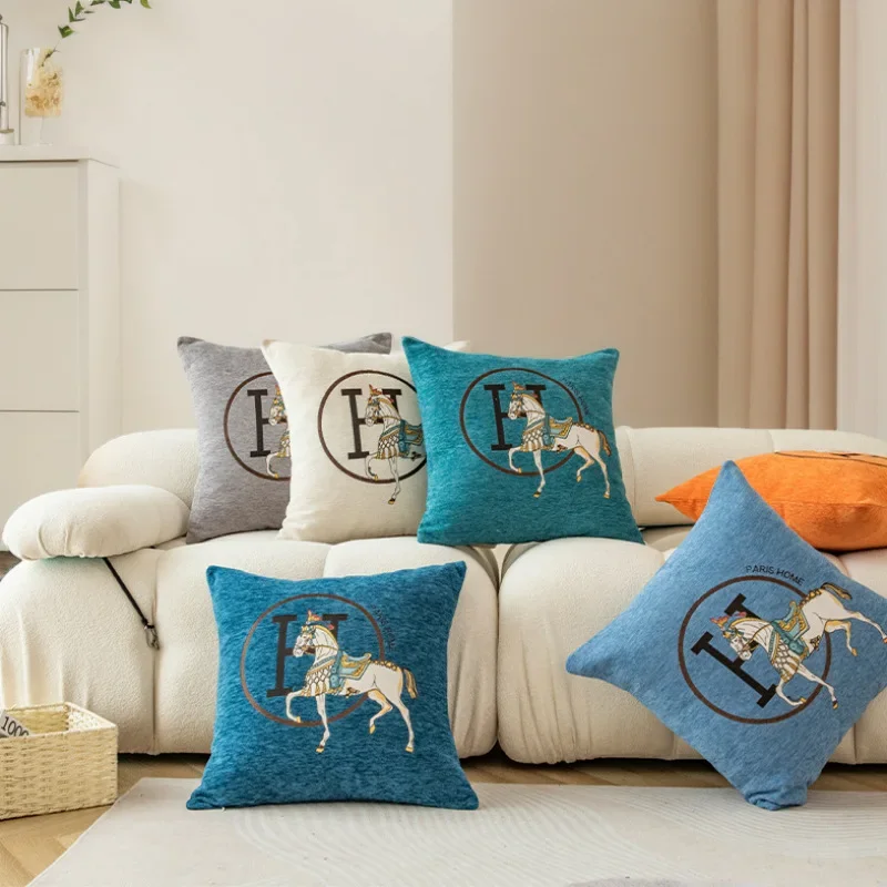 Chenille 45x45cm Throw Pillow Cushion Covers Pack of 1 Pcs - Luxury Horse Embroidery Modern Style Couch Sofa Pillow Covers