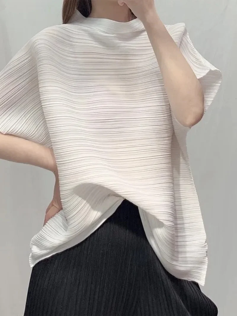 

Japanese Sle Pleated Women's T-irt Summer New Loose round Ne Color Drapey ort Sve Thin Breathable Top