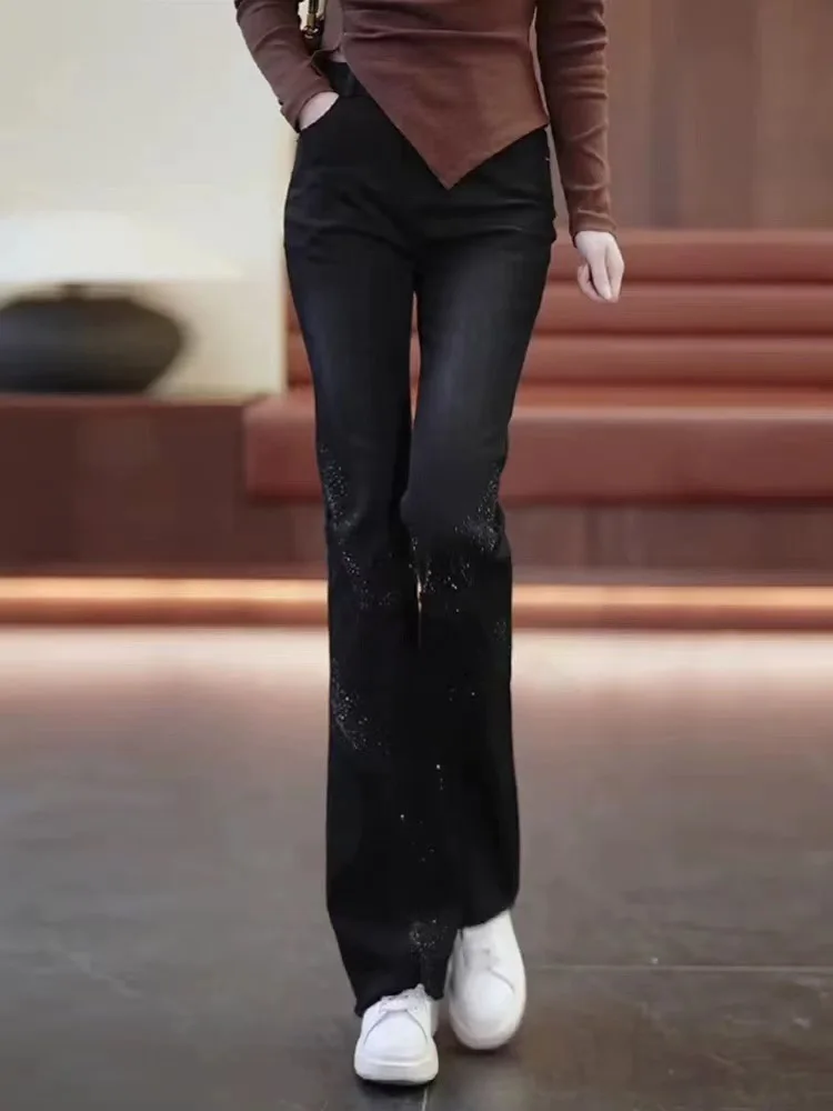 Cintura alta Bell Bot Jeans Feminino Primavera Verão 2024 Novo Sle Diamond Embelezado Calças Compridas Emagrecer Versátil Hoo...