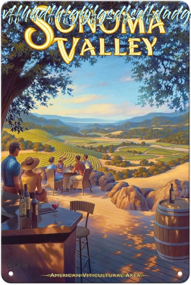 Sonoma Valley Wineries - Kunde Family Estate - California Vineyards Wine Country Art by Kerne Erickson - 8 x 12 inch Vintag sign