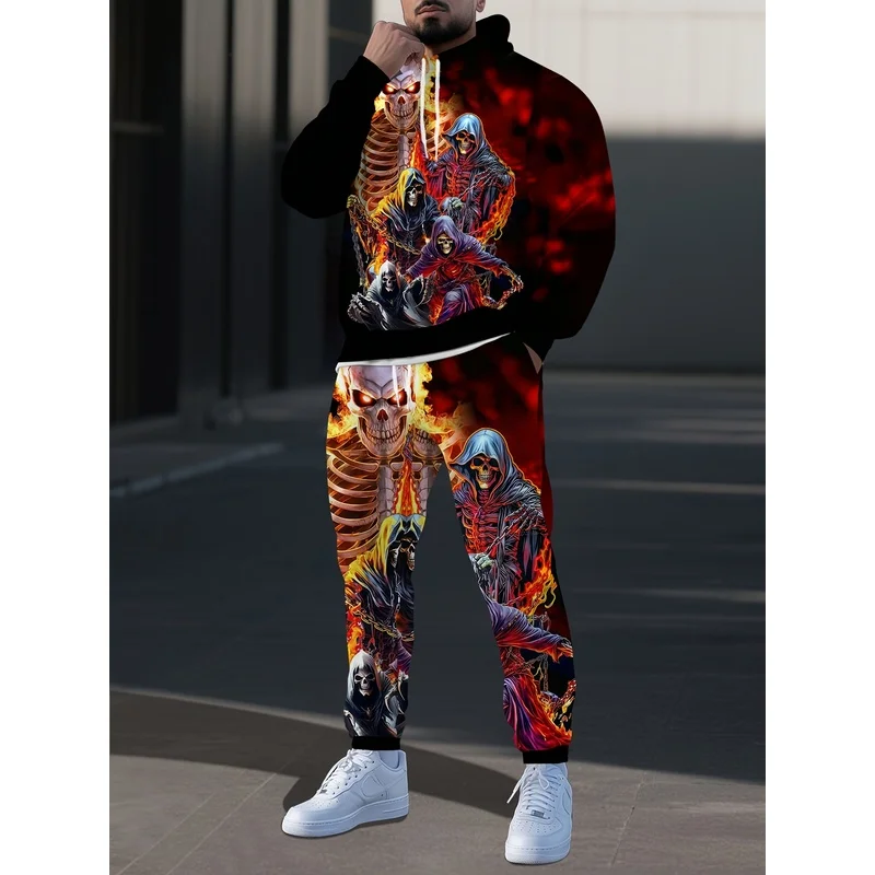 Hellfire Skull Full Print Men'S Set Hoodie Sweatshirt Casual Pants 2-Piece Set Suitable For Both Men And Women
