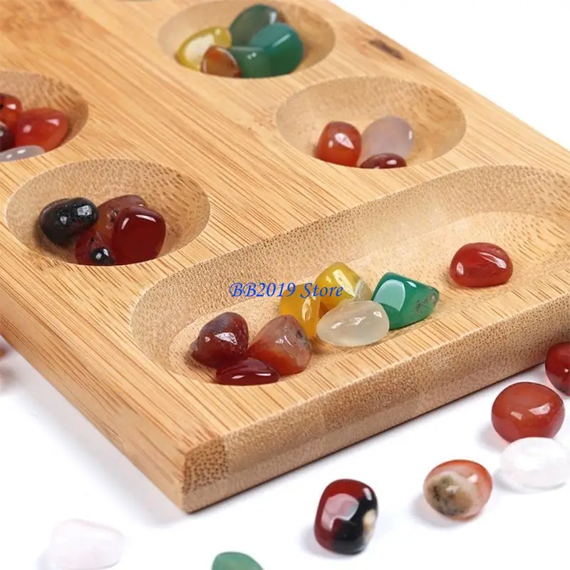 Q0kb áfrica mancala jogo tabuleiro com pedras naturais coloridas seixos dobrável conjunto tabuleiro para adulto