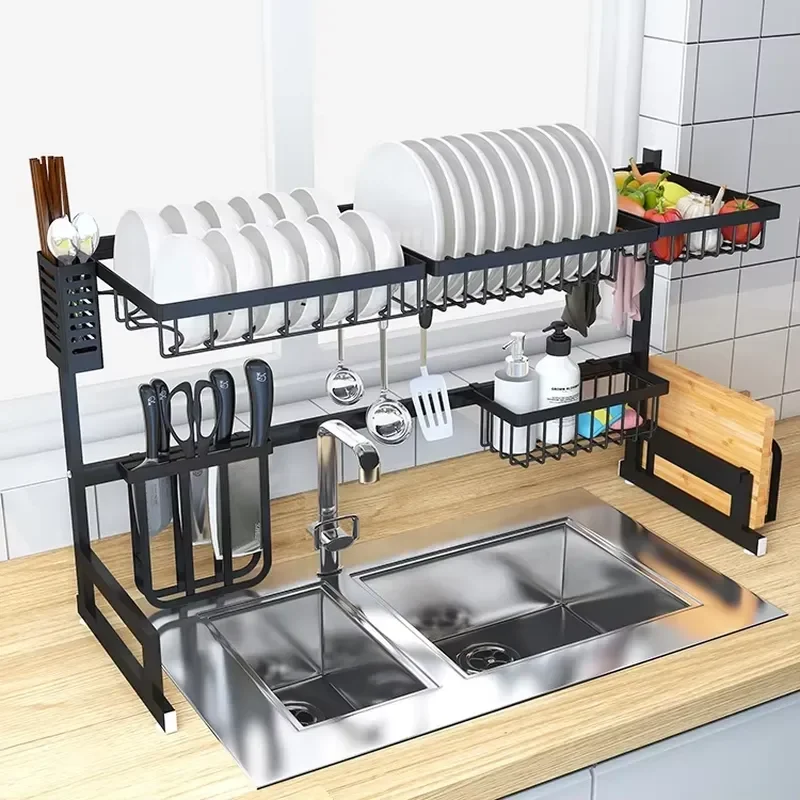 Black Stainless Steel Kitchen Sink Rack Large Storage Basket with Drain Function Dish and Fruit Organizer