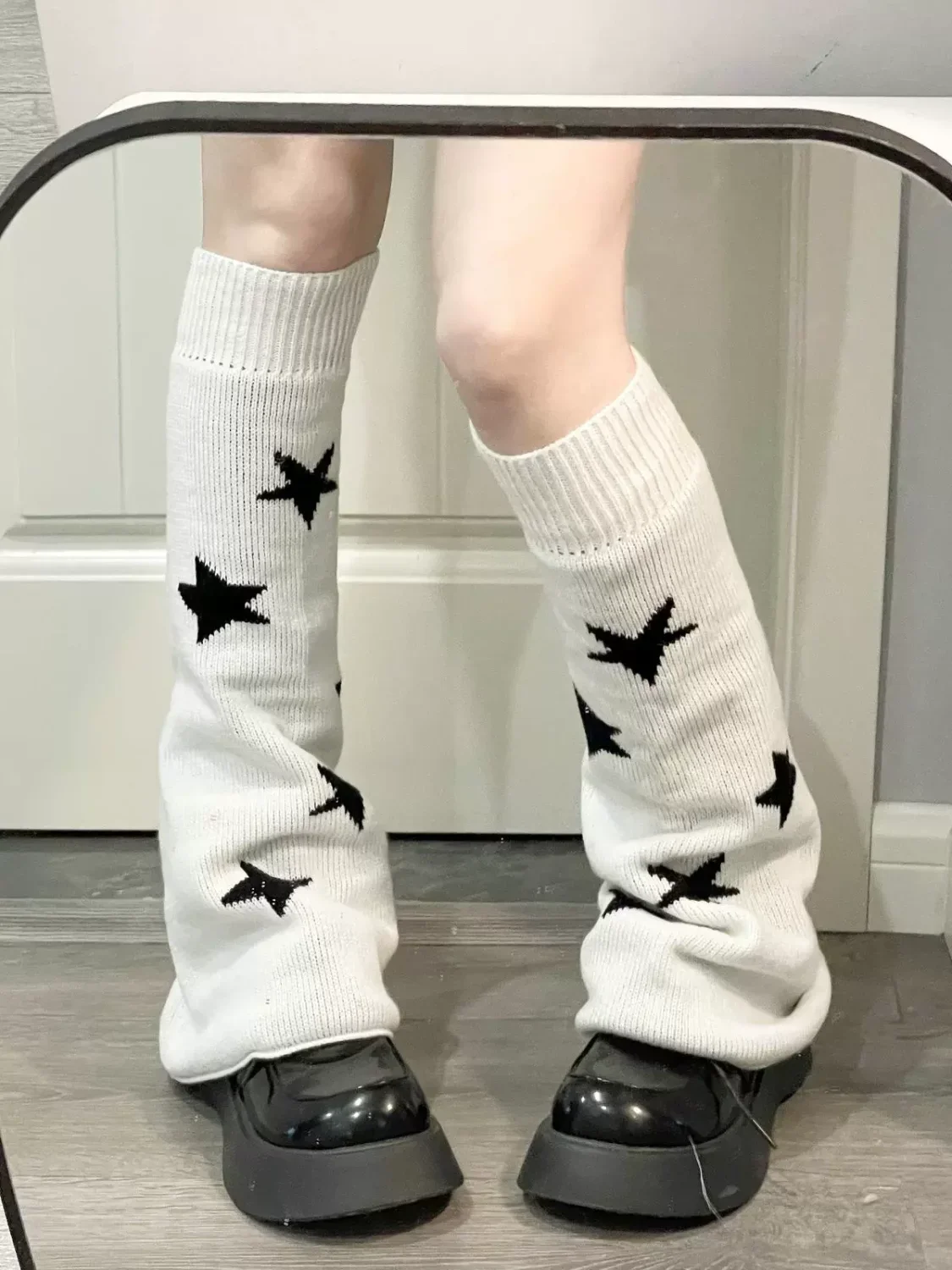 Kawaii Knit Leg Warmers for Women Casual Star Print Two Side Wear Goth Knee High Socks Boot Cuffs Winter Warm